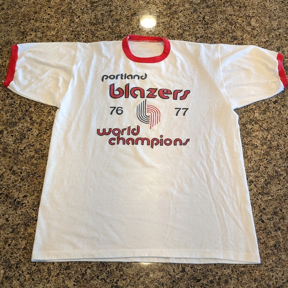 Vtg 70s Portland Trail Blazers Ringer T Shirt Mens L White NBA Pristine No Tag